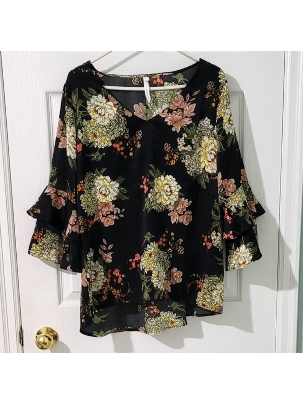 NY Collection Women's Floral Long Sleeve Ruffled Blouse Size L